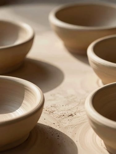 Macro shot of hand-thrown stoneware pottery rims resting on raw plaster, warm low-angle afternoon sunlight casting long soft shadows, 35mm