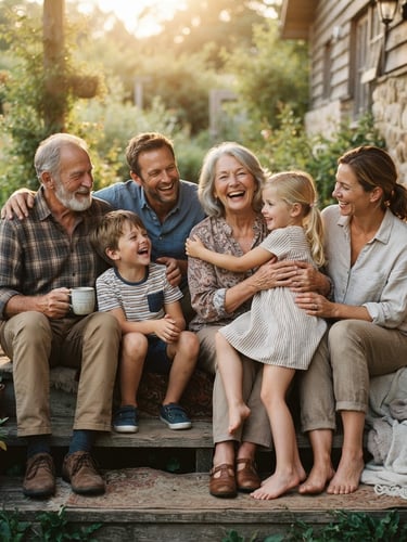 A warm candid portrait of a multi-generational family sitting together on a sunlit porch in soft, golden-hour natural light, rich organic tones