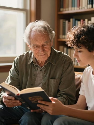 Candid portrait of an elderly community leader and a young student sharing a book under warm window light in a local library, rich organic tones.