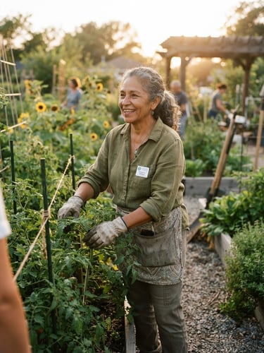 A candid environmental portrait of a local community leader standing in a sunlit community garden, warm golden-hour light, rich organic tones, shallow depth of field.