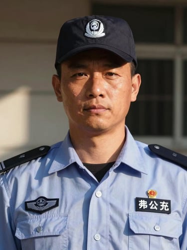 Portrait of a proud security worker looking directly at the camera, wearing clean everyday work uniform, warm natural sunlight with high-contrast shadows, authentic and dignified