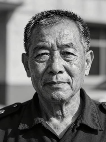 Close-up portrait of an older security worker with a proud expression, warm natural sunlight casting deep shadows, black and white editorial style, looking directly at the camera.