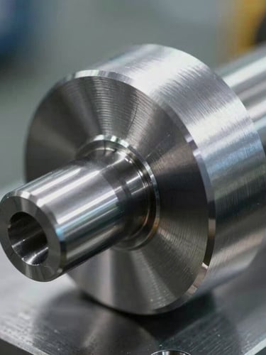 Macro detail shot of a precision-machined steel billet showing clean toolpaths, cool industrial lighting