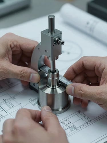 Hands using a digital micrometer to measure the tolerance of a machined cylindrical component, cool overcast workshop lighting, blueprints blurred in the background.