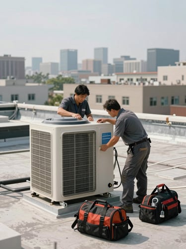 Wide environmental shot of an HVAC crew installing a rooftop condenser unit on a commercial flat roof, tool bags and equipment visible in foreground, natural daylight overhead, industrial rooftop context with city skyline blurred in background