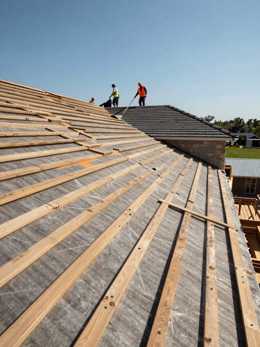 Wide environmental shot of a completed residential roof installation, crew members visible on the roofline from a distance, natural daylight, evidence of finished work, clear blue sky above