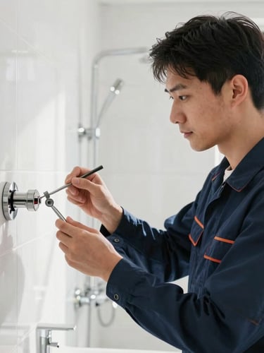 A professional technician in a clean navy uniform working with precise tools on a modern bathroom installation, bright natural light, clean environment