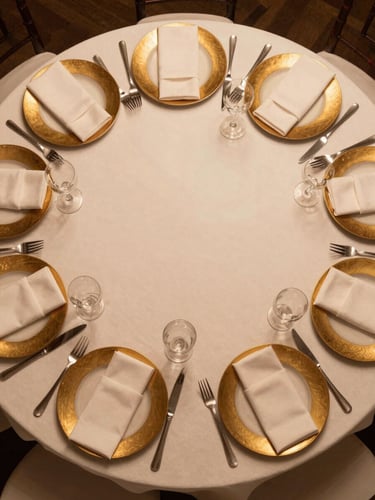 Overhead shot of a fully set round event table, eight place settings with gold-rimmed plates, folded napkins, and polished silverware arranged with precision, warm even studio light, no guests