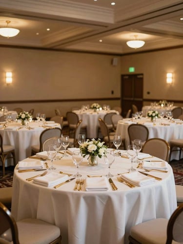 Wide shot of a fully set banquet table in a Dallas event hall, warm amber venue lighting, white linens, gold flatware and glassware arranged precisely, centerpieces in place, no guests present — room ready for service