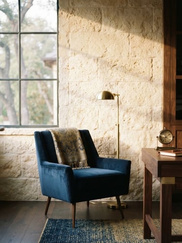 Quiet, high-end architectural detail of a private office, sunlit limestone facade, soft morning window light, shallow depth of field, deep navy and muted gold tones, 35mm