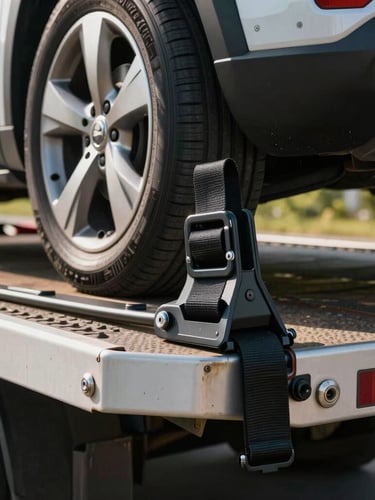 Close-up of a secure wheel strap and towing mechanism holding a car safely on a flatbed tow truck, bright daylight roadside scene.