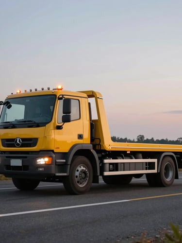 Wide environmental shot of a modern yellow flatbed tow truck parked safely on a highway shoulder at dusk, amber warning lights flashing, clean composition with negative space on the right.