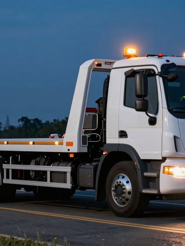 Wide environmental shot of a clean, modern flatbed tow truck parked safely on the roadside at night, amber warning lights illuminating the scene, professional driver in high-visibility safety vest.