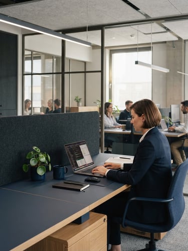 Bright neutral daylight office interior, clean architectural lines, structured slate and navy workspace, 35mm photography