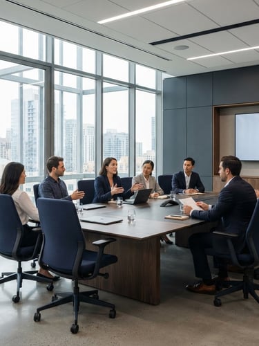 Sharp corporate photography of a modern structured boardroom, clean architectural lines, neutral daylight, cool slate tones, 35mm