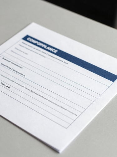 Macro detail of structured compliance documents on a clean slate gray desk, bright neutral daylight, sharp shadows, 35mm