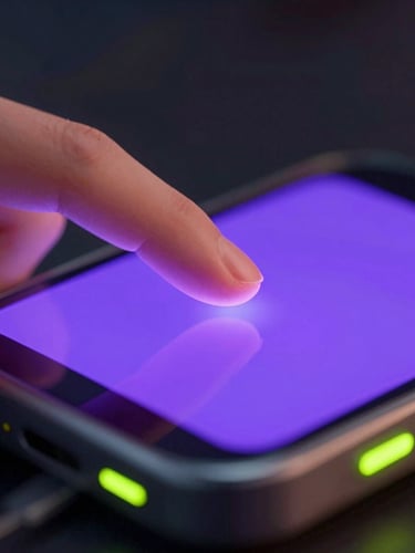 Macro close-up of a finger interacting with a glowing cyber violet mobile screen, self-illuminated buttons, dark ambient background with electric lime accents, sleek 3d render, octane render
