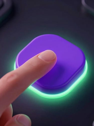 Sleek 3D render of a glowing neon cyber-violet button being pressed by a finger, macro close-up, dark ambient background with electric lime backlight, octane render.