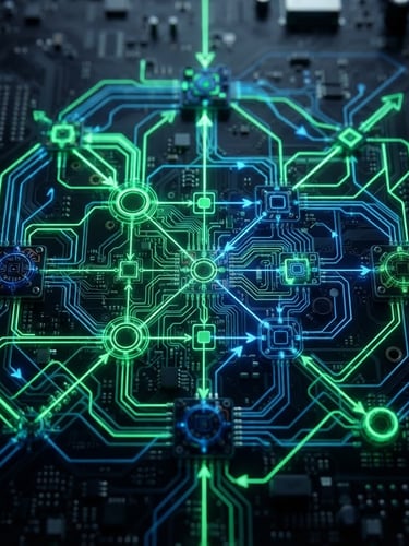 High-contrast technical schematic diagram of a database cluster with neon green and deep blue paths, glowing nodes, dark-mode technical photography style, macro focus, 35mm