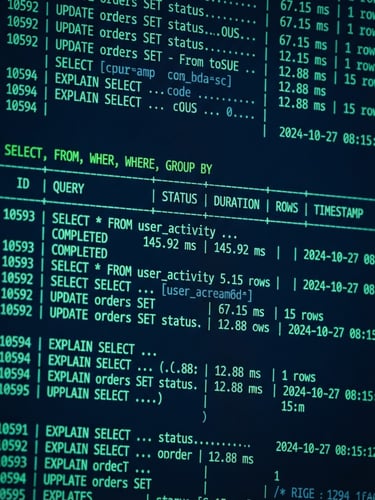 Macro close-up of a high-contrast terminal screen displaying database query execution times, neon green syntax highlighting, deep blue background, sharp focus, 35mm photography