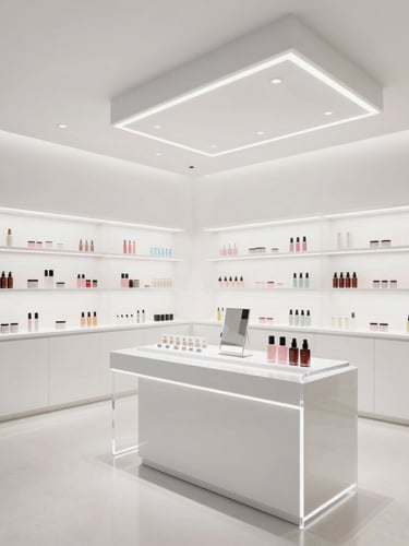 Bright minimalist cosmetic boutique interior with seamless acrylic counters, architectural lighting, sharp focus, premium retail design