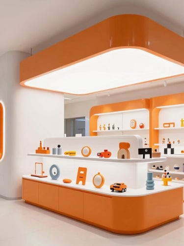 A beautifully lit modern toy retail store interior with custom orange-accented display fixtures, architectural photography, bright high-key lighting
