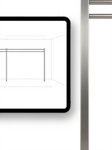 Bright minimalist retail design schematic on a screen next to a physical brushed metal joint detail, high-key studio lighting, sharp focus, 35mm