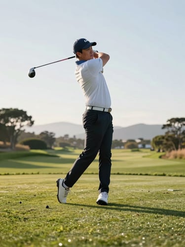 Low-angle action shot of a golfer in technical athletic apparel mid-swing on a tee box, crisp morning light, rolling green hills of a South Bay course in the background.
