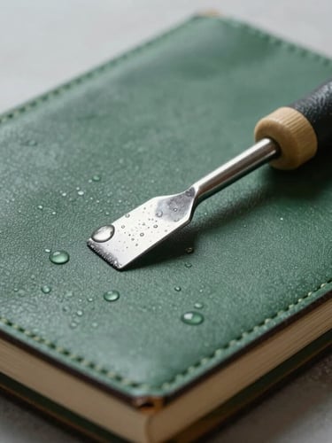 Low-angle close-up of a leather yardage book and a metal divot tool resting on a pristine green, morning dew, crisp overcast light.