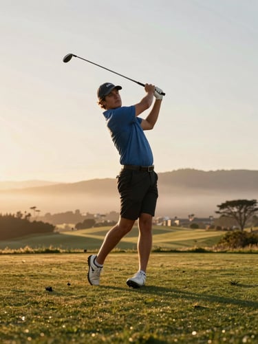 Low-angle action shot of a golfer's swing at golden hour on a Bay Area course, coastal fog creeping over the distant golden hills.