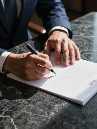 Close-up of hands in tailored suits signing a heavy document on a dark marble table, sharp side-lighting, dramatic shadows, premium fountain pen visible