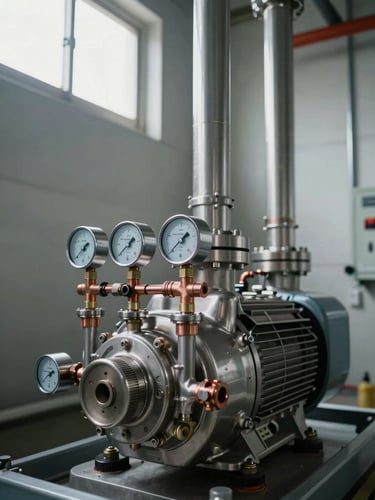 Close-up detail of an installed pressurization unit in a building service room, stainless steel pump body with pressure gauges and copper fittings in the foreground, clean concrete wall behind, cool daylight streaming from a high window, pipes running symmetrically upward, sharp industrial precision