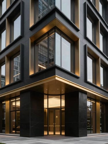 Wide architectural angle of a modern luxury executive office, clean lines, deep obsidian and metallic gold accents, soft diffused premium lighting, 35mm