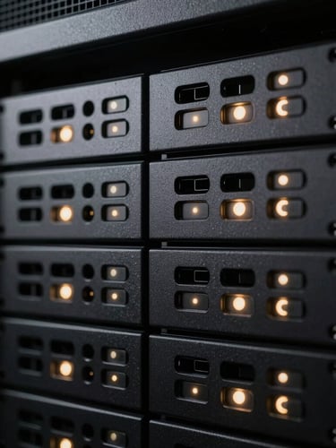 Sleek obsidian server rack with glowing soft gold status lights, dramatic low-key studio lighting, macro focus, 35mm.