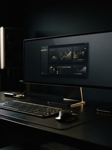 Sleek modern workspace with a premium display showing a minimalist dark UI, dramatic low-key studio lighting with sharp gold highlights, deep obsidian tones, 35mm.