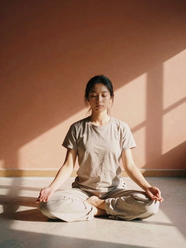 A solitary practitioner sitting in a gentle, grounded meditation pose in a warm terracotta room, soft side-lighting casting natural window shadows, 35mm film style