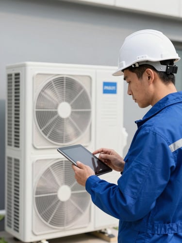 Close-up of a professional thermal engineer in clean safety gear analyzing a modern heat pump installation with a digital tablet, sharp architectural daylight