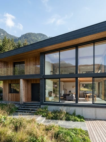 Vue architecturale d'une maison contemporaine bioclimatique à ossature bois, lignes épurées, grand vitrage performant orienté sud, lumière naturelle vive, tons ardoise et bleu technique.