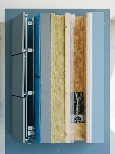 Technical blueprint cross-section of a modern energy-efficient wall insulation layer, crisp architectural lines, bright natural daylight, slate blue tones