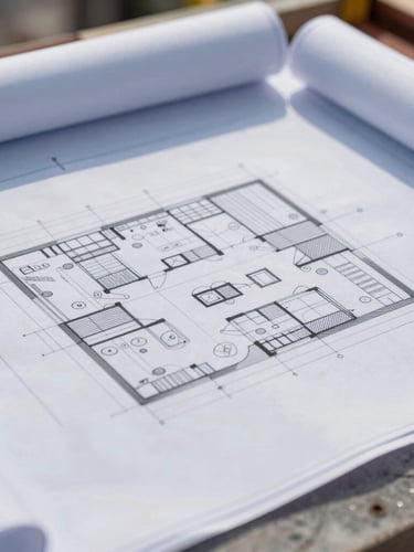 Close-up of a technical architect inspecting a blueprint on a construction site, sharp focus, natural daylight, blue and slate tones
