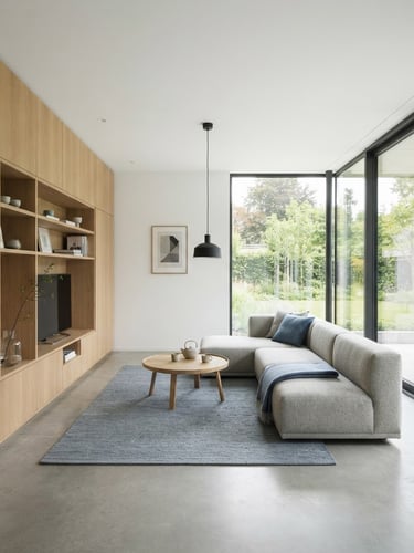 Clean architectural photography of a modern minimalist living room with custom oak cabinetry, large windows letting in bright natural daylight, precise geometry, high sharpness