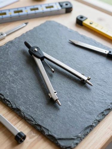 Plan d'architecte détaillé posé sur une table de chantier en bois, avec un compas et des outils de mesure précis, lumière naturelle rasante.