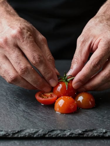 Tactile macro shot of a chef's hands carefully plating a vibrant heirloom tomato dish, moody natural side-lighting, dark slate background.