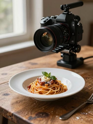 A professional camera rig positioned over a rustic wooden table, capturing a close-up of a perfectly plated pasta dish, soft window light, flour dust in the air.