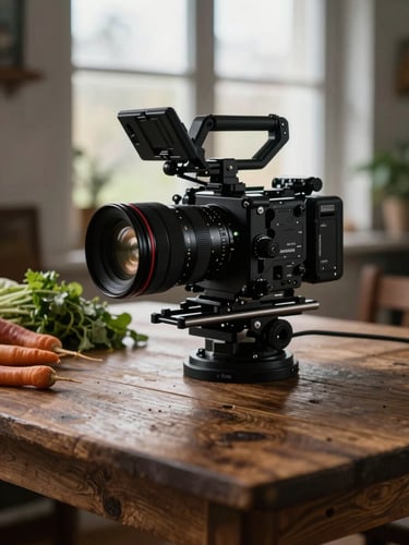 Moody Scandinavian-style vertical shot of a professional camera rig positioned over a rustic wooden table, soft window light highlighting raw heirloom vegetables and dark shadows