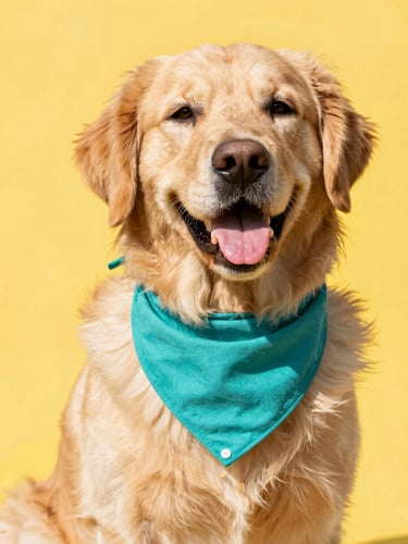 Close-up of a happy golden retriever wearing a colorful handmade teal bandana, bright natural daylight, cheerful yellow background, 35mm