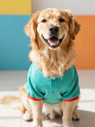 A joyful golden retriever wearing a colorful handmade teal shirt, sitting happily in a bright room, warm natural light, 35mm