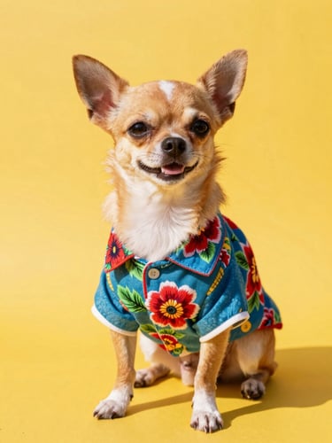 A happy small Chihuahua wearing a colorful handmade Mexican floral shirt, sitting proudly on a bright yellow background, warm natural daylight, sharp detail.