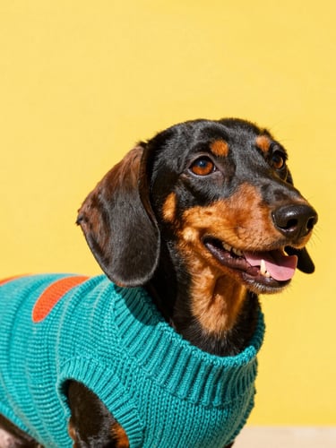 Vibrant pet photography, bright natural daylight, cheerful solid yellow backdrop, close-up eye-level shot of a happy Dachshund wearing a perfectly fitted colorful teal knitted sweater, 35mm