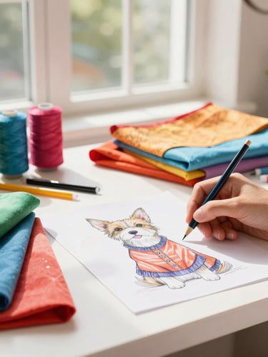 An artisanal sewing workshop with colorful fabrics, threads, and a designer sketching pet clothing, warm sunlight filtering through a window